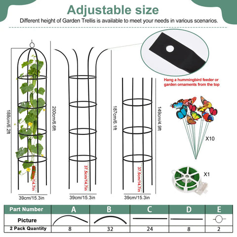 Diagram showing adjustable Obelisk Garden Trellis 6.6 Ft Tall Metal Plant Support For Climbing Vines And Flowers with parts and dimensions