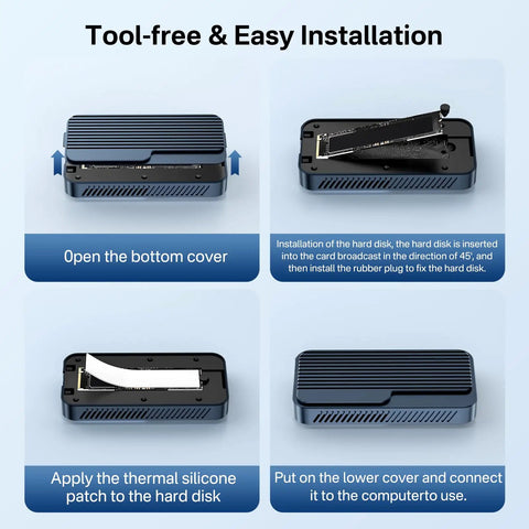 Badass M.2 NVMe SSD Enclosure With Smart Fan Cooling Supports Up To Eight TB Portable Drive assembly instructions with four steps pictured.