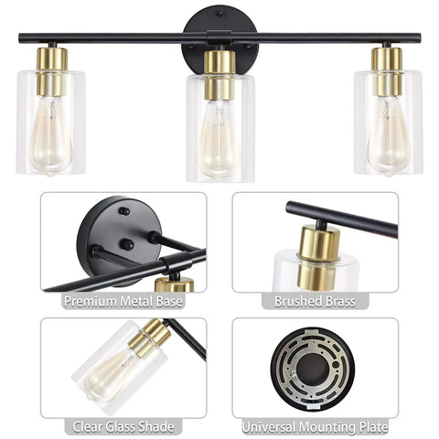 Three Light Matte Black And Gold Bathroom Vanity Light Fixtures With Glass Shade Dope Modern Wall Sconce Industrial Style