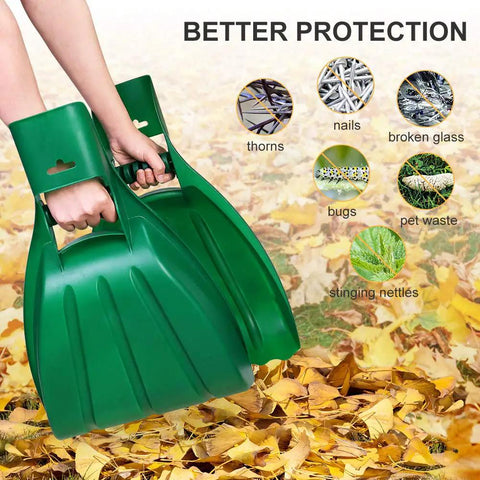 Heavy Duty Leaf Scoops And Hand Rake Claw For Easy Yard Cleanup shown in hands over fallen leaves