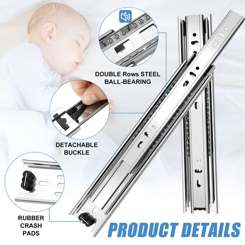 Top Notch Heavy Duty Full Extension Drawer Slides With Ball Bearing Rails Side Mount Runners For Kitchen Cabinets Wardrobes Dressers Roll Out Smooth Silver Metal 16 Inch Holds 100 Lbs Per Pair detailed view showing steel ball-bearing and rubber crash pads.