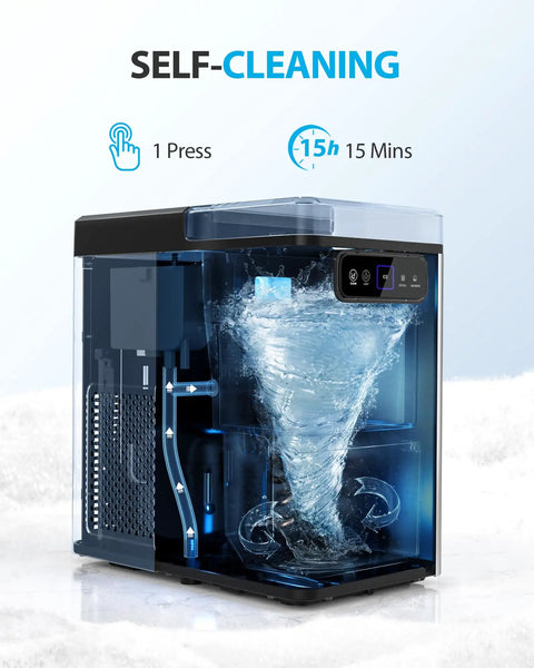 Nugget Ice Maker 40 Lbs Per Day Countertop Ice Machine with self-cleaning feature, interior view showing swirling water.