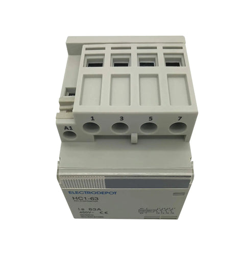 Front view of 60 Amp 4 Pole Normally Open Contactor With 110 To 120V Coil For Motor Load 40A And Lighting 63A No Frills Plug And Play Slotted Steel Zinc Plated DIN Rail Bundle Kit With 2 Screws.