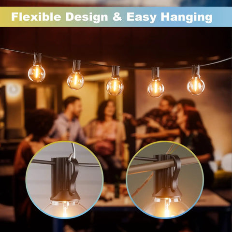 Outdoor LED String Lights 100 Ft with Dimmable, Shatterproof Bulbs, Waterproof, Connectable for Deck Porch Patio, hanging at a gathering.