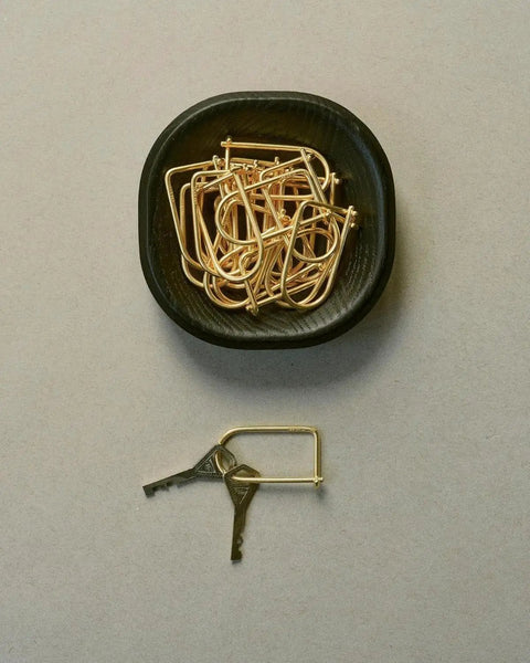Wilson Brass Keyring With 2 Inch Carabiner Clip Minimalist Key Organizer in a black dish with a key nearby