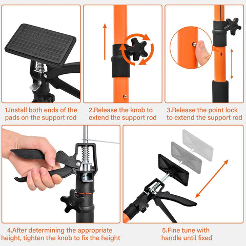 Heavy Duty Adjustable Support Pole Cabinet Jack Drywall Lift 45 To 114 Inch with pads, showing height adjustment steps and mechanisms.