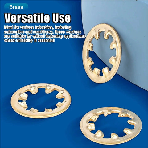 Close-up of Brass Internal Tooth Star Lock Washers Set 200 And 500 Pcs M3 M4 M5 M6 M8 M10 Serrated Gasket on blue background.