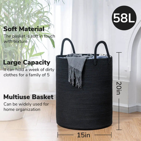 Tall Black Woven Rope Laundry Basket, Modern Hamper for clothes, blankets, toys, towels, 15 x 20 inch bin, large capacity, soft material