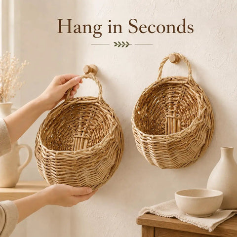 Premium Woven Wicker Hanging Basket Set Of Two Nine Inch Wall Planter With Built In Drainage Guard For Zero Mess Indoors Out And Total Patio Life Flex Upgrade