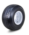 18X8.5-8 Golf Cart Tires And Wheels Assembly with 4Ply Aggressive Tread on white steel rim, side view detail.