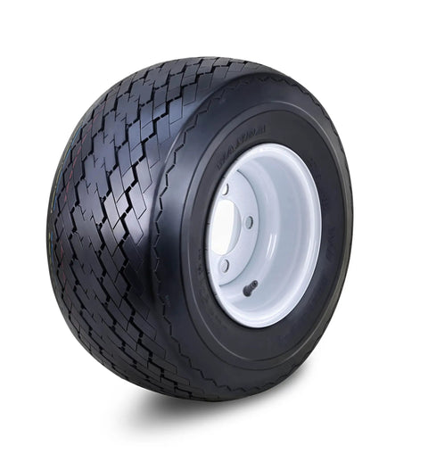 18X8.5-8 Golf Cart Tires And Wheels Assembly with 4Ply Aggressive Tread on white steel rim, side view detail.