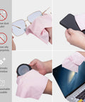 Pink bqover microfiber cleaning cloth, 8x8 in, for eyeglasses, phones, lenses, and laptop screens.