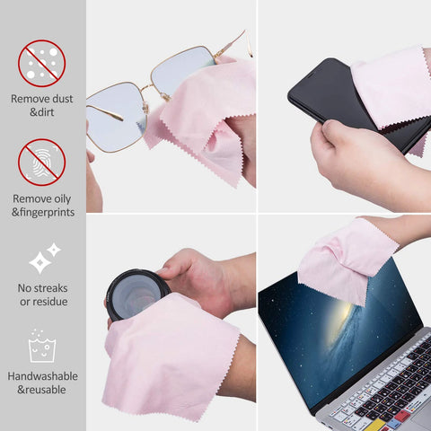 Pink bqover microfiber cleaning cloth, 8x8 in, for eyeglasses, phones, lenses, and laptop screens.