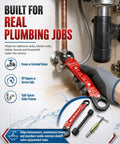 Knockout Compression Valve Removal Tool And Angle Stop Wrench Kit With Wall Protector Pads For Smooth Shutoff Valve Replacement and Bogus Fitting Pulls Done Fast, shown in use under a sink.