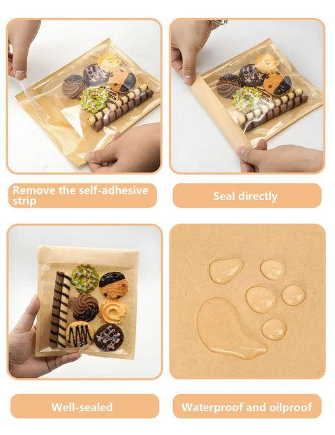 Step-by-step of using 100 Pack Self Sealing Cookie Bags With Seal 5.9x6.5 Inch Paper Bakery Bags With Window Grease Resistant