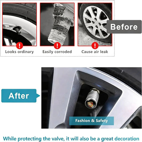 Comparison of corroded valve stem and installed Porsche Tire Valve Stem Caps 4 Pack Alloy Dust Caps on wheel.