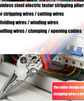 Premium Stainless Steel Wire Crimper And Stripper Tool For Electricians close-up on ergonomic design for precise wire stripping.