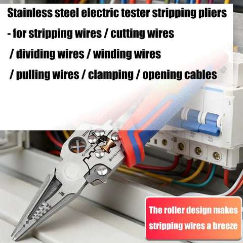 Premium Stainless Steel Wire Crimper And Stripper Tool For Electricians close-up on ergonomic design for precise wire stripping.