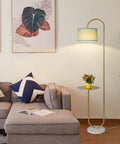 Arc Floor Lamp With Hanging Drum Shade And Marble Base Modern Tall Standing Light With Integrated Side Table Gold Brass Finish