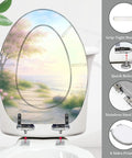 Resin Toilet Seat Elongated for Bathroom with scenic ocean design, 14.5" x 18.5", featuring stainless steel hinges.