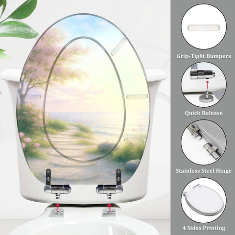 Resin Toilet Seat Elongated for Bathroom with scenic ocean design, 14.5" x 18.5", featuring stainless steel hinges.