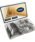 Tough As Nails Stainless Steel Corner Braces 20 Pack Triangle Furniture Brackets in storage box with 140 screws for DIY projects.