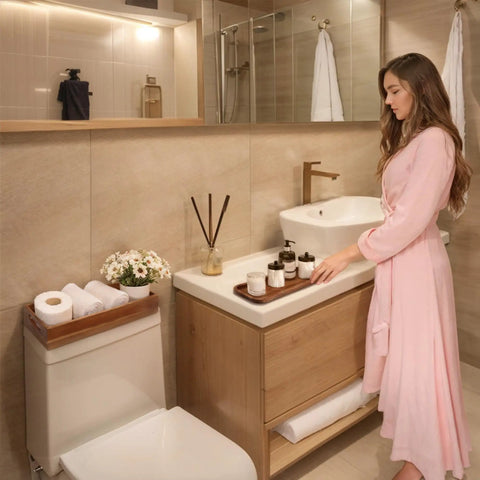 Premium Acacia Wood Toilet Tank Caddy And Vanity Tray Duo ideal for bathroom clutter control, shown with towels and beauty products.