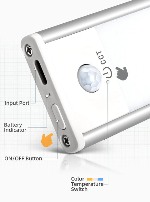 Close-up of 3 Pack Magnetic LED Motion Sensor Under Cabinet Lights 7 Inch Light Bar with input port and on/off button.