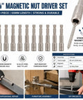 10 Piece Magnetic Nut Driver Set With 1/4 Inch Hex Shank Quick Change Adapter Compatible With Electric Drills features S2 alloy steel drivers.