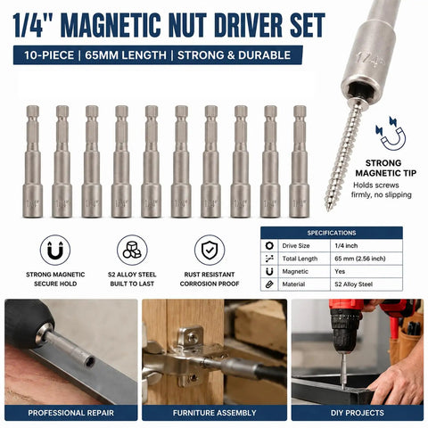 10 Piece Magnetic Nut Driver Set With 1/4 Inch Hex Shank Quick Change Adapter Compatible With Electric Drills features S2 alloy steel drivers.