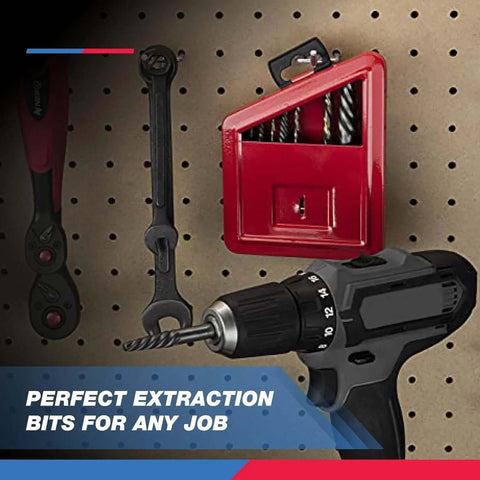 Angled side view of cordless drill with 10-piece screw-extractor and left-hand drill-bit set; red bit case on pegboard.