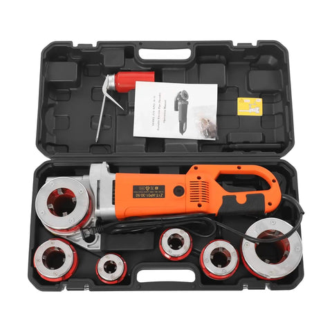 2300W Heavy Duty Electric Pipe Threader Machine Kit with accessories in case, designed for threading iron steel pipes.