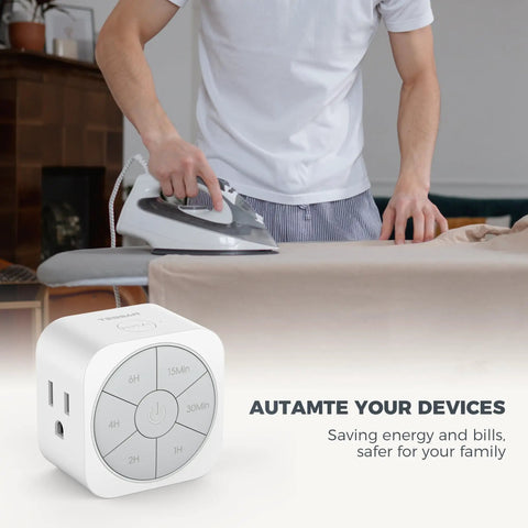 Dead Simple Indoor Timer Plug For Household Electrical Outlets Featuring Quick Countdown Buttons and No Sweat Daily Scheduling in use with an iron.