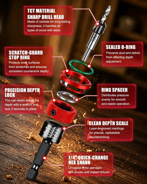 Close-up of Hassle Free Premium Countersink Drill Bit Set with Adjustable Depth Stopper showing TCT sharp head and depth lock features.