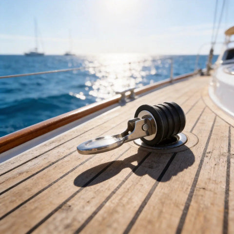 1-1/4 Inch Drainage Outlet Seal With Stainless Steel Body And Rubber Core, installed on boat deck, ocean background