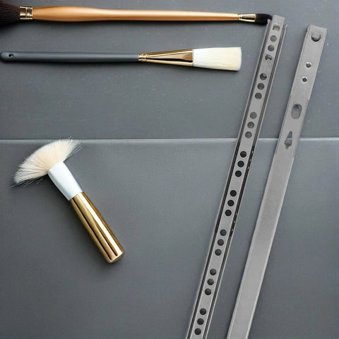 Bottom Mount Drawer Slides With Silent Glide And Ball Bearing, 17mm Wide Cold Rolled Steel Rails next to paintbrushes