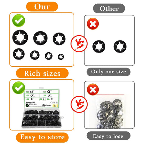 Image showing a comparison of 635Pcs Internal Tooth Star Lock Washers Set For M3 Through M12 with a competitor's product, highlighting variety and storage.