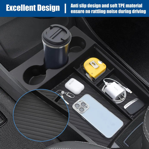 Lower Center Console Organizer for 2022 2026 Rivian R1T and R1S with cup holders and compartments holding phone and accessories