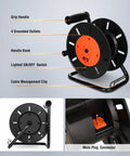 Extension Cord Storage Reel With Hand Crank, 4 Outlets, 15 Amp Overload Switch, Heavy-Duty Metal Stand, labeled features
