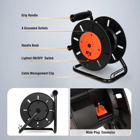 Extension Cord Storage Reel With Hand Crank, 4 Outlets, 15 Amp Overload Switch, Heavy-Duty Metal Stand, labeled features