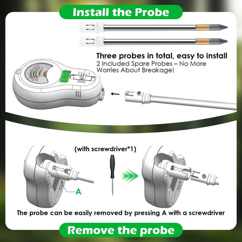 Six In One Soil Test Kit With Three Replaceable Probes For Your Garden Includes Soil pH Tester Plant Water Meter Fertilizer Indicator Sunlight Meter LCD Display And Air Temperature Humidity Sensor showing probe installation