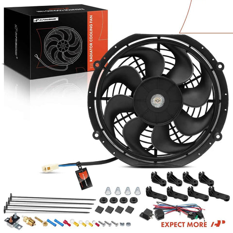 Rock Solid 10 Inch Universal Electric Cooling Fan Assembly With Thermostat Relay And Mount Kit Direct Drop Fit 12 Volt Pull Type Radiator Fan For Beat The Heat with installation accessories.