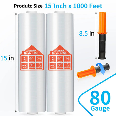 Badass Heavy Duty Stretch Film And Shrink Wrap Roll For Pallet Wrapping 80 Gauge with dispenser handles, 15 inch x 1000 feet size.