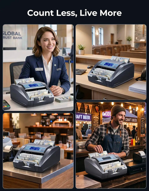 Collage of a Money Counter Machine With Value Count And Counterfeit Detection for Dollar and Euro Bills in various settings.