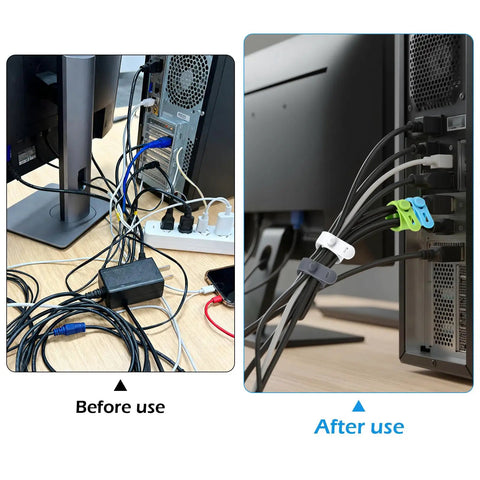 Before and after cable management using 24 Pack Silicone Cable Ties For Desk Setup Reusable Soft Silicone Cord Wraps