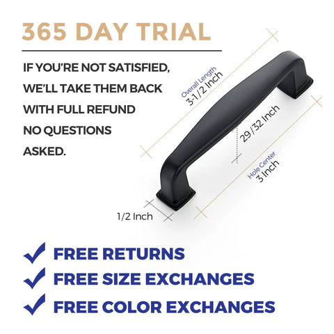 60 Pack 3 Inch Cabinet Pulls Matte Black for Kitchen Cabinets and Drawers highlighted for dimensions and return policy.