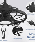 Close-up of Outdoor Ceiling Fan With Light And Remote, 20 Inch, highlighting IP65 Waterproof, Durable PC Blades, and Black Finish Metal Frame.