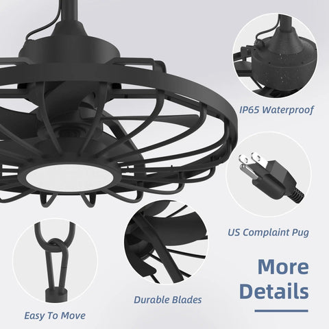 Close-up of Outdoor Ceiling Fan With Light And Remote, 20 Inch, highlighting IP65 Waterproof, Durable PC Blades, and Black Finish Metal Frame.
