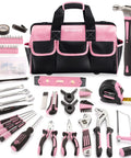 Pink 219-Piece Tool Set For Women With 16 Inch Tool Bag displayed with tools and 19-pocket bag for DIY home maintenance essentials.