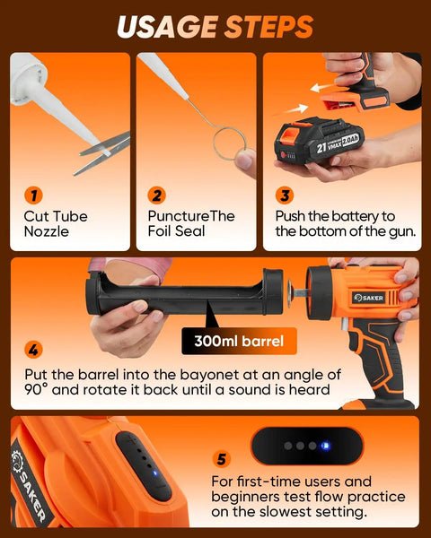 Step-by-step guide on using a Cordless Caulking Gun Drip Free With LED Light, 4 Speed Settings, 10oz 300ml Cartridge, includes batteries